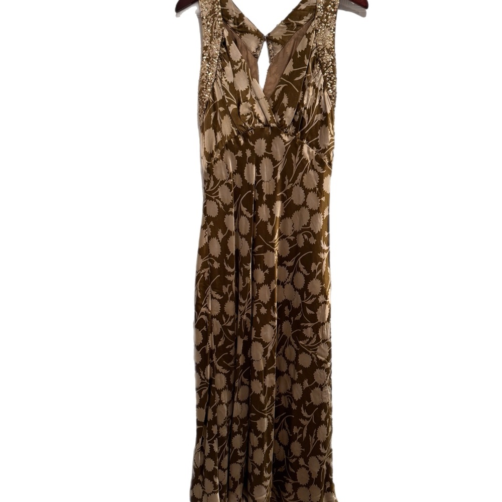 Vera Wang Olive Green and Gold Silk Midi Dress